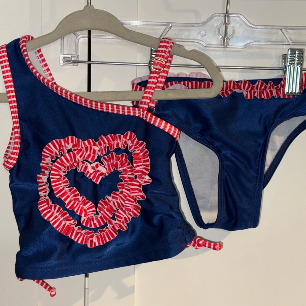 Jantzen Heart Ruffle Swimsuit 2T 2 Girl’s Patriotic Bikini Set Navy Red Nautical